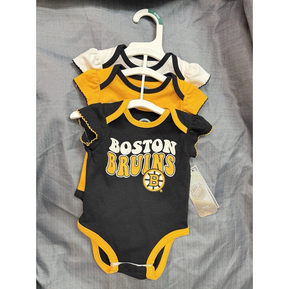 Boston Bruins NHL Baby 3 Piece Bodysuit Set 0-3M Black Gold NWT